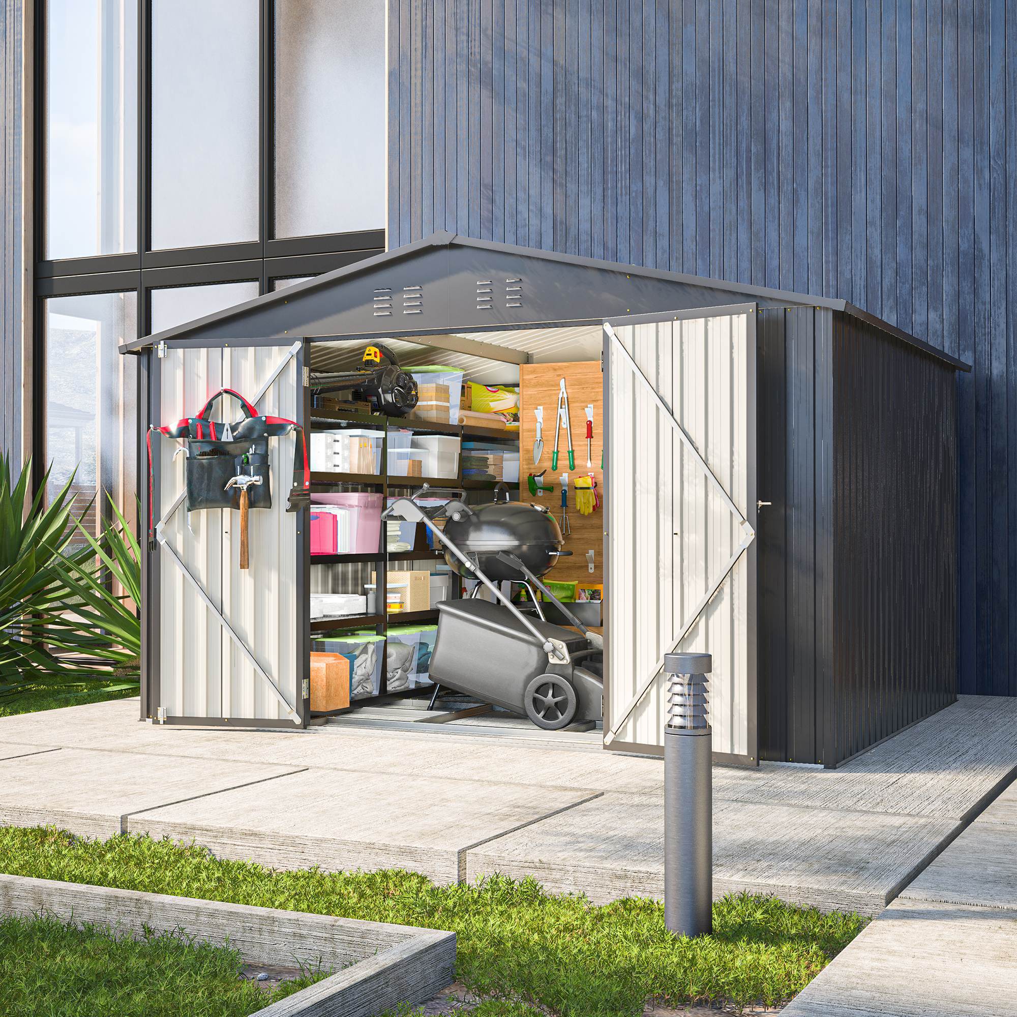 10X8 FT Outdoor Storage Shed, All Weather Metal Sheds With Lockable Doors, Tool Shed For Garden, Patio, Backyard, Lawn, Black