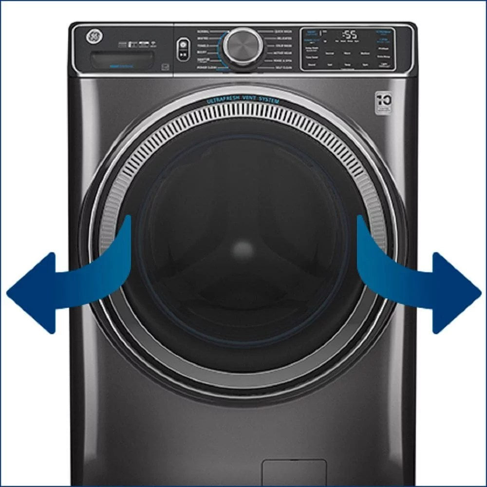 GE – 4.8 CuFt High-Efficiency Stackable Smart Front Load Washer w/UltraFresh Vent System & Microban Antimicrobial Technology – White on white