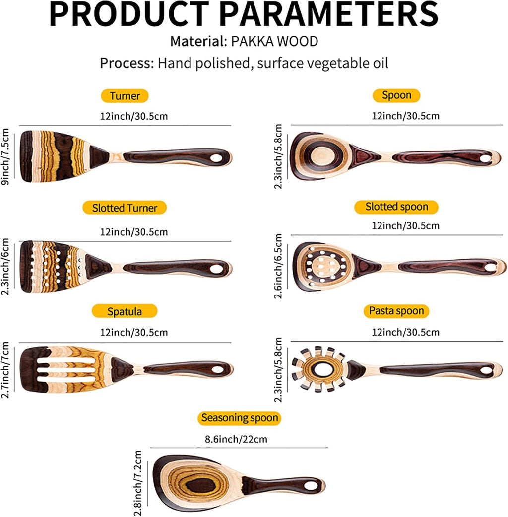 7-Piece Pakkawood Wooden Cooking Utensil Set – Brown Eco-Friendly Kitchen Spoons & Tools for Home Cooking