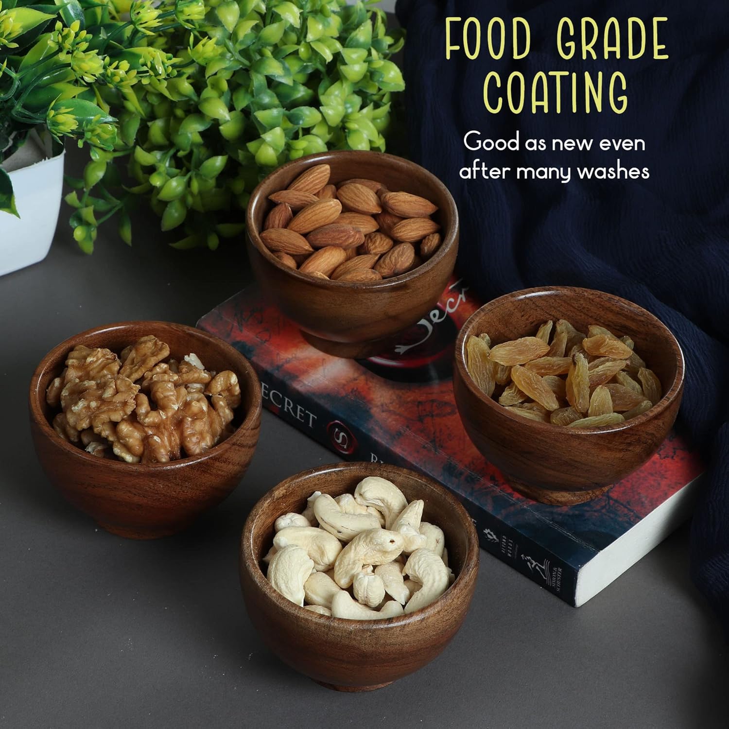 Set of 6 Acacia Wood Small Bowls – 4 fl oz Hand-Carved Dipping Bowls for Sauce, Salsa, Spices & Prep, 3.2 x 2 Inches