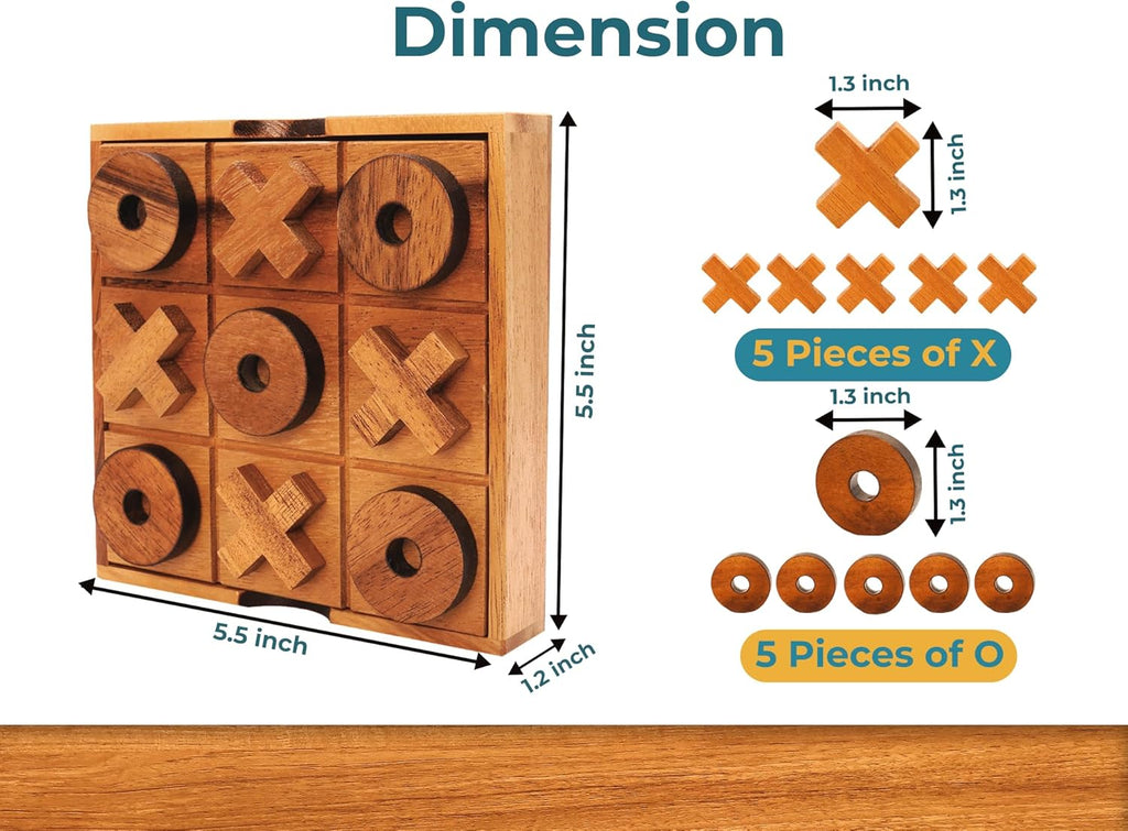 5.5 Inch Wooden Tic Tac Toe Game – Coffee Tabletop XO Block Board for Family Game Night, Desk Decor & Gift
